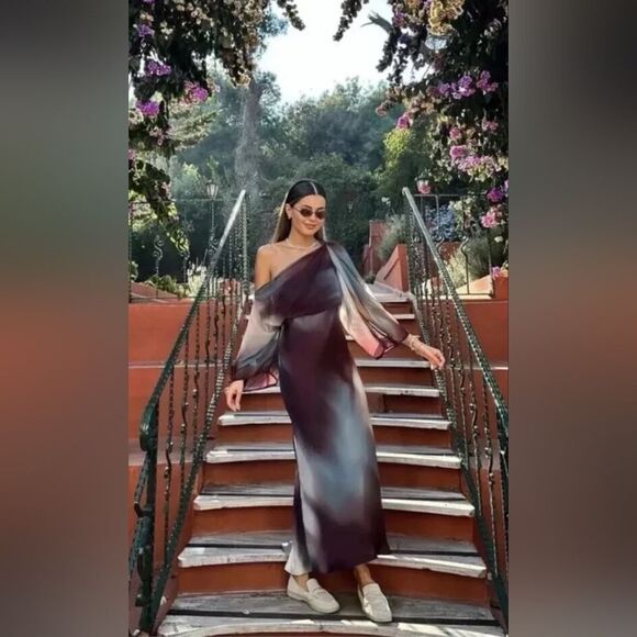 NWT ZARA SATIN printβmidi dress with cape blue and brown Included Cape - Picture 7 of 15